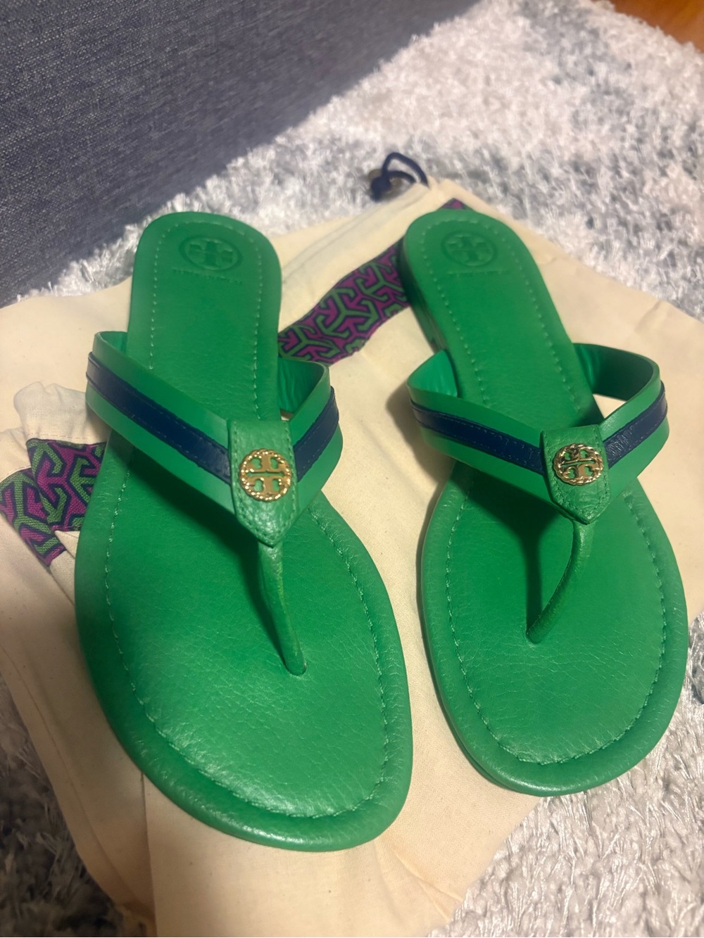 Tory Burch Green Leather Thong Sandals with Navy Straps and Gold Logo - Picture 3 of 4